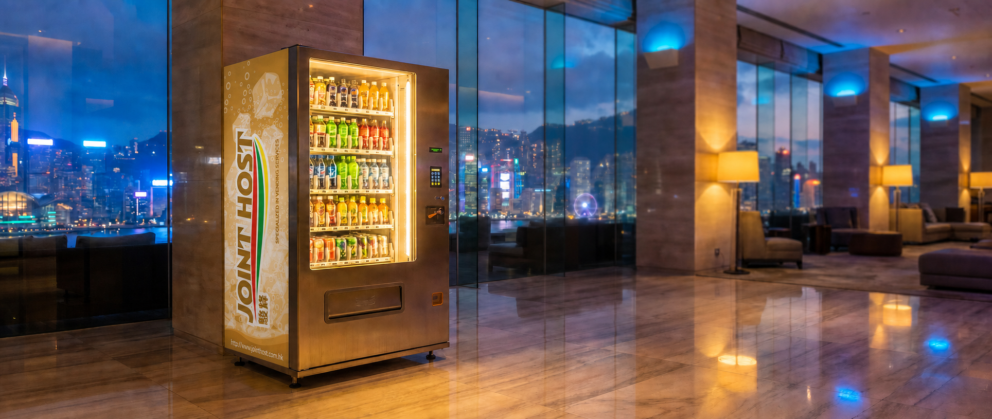 Joint Host branded vending machine in a luxury Hong Kong hotel lobby with Victoria Harbour night skyline